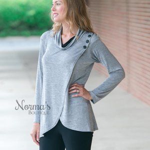 Joseph Ribkoff Grey Cowl Neck Tulip Hem Knit Top